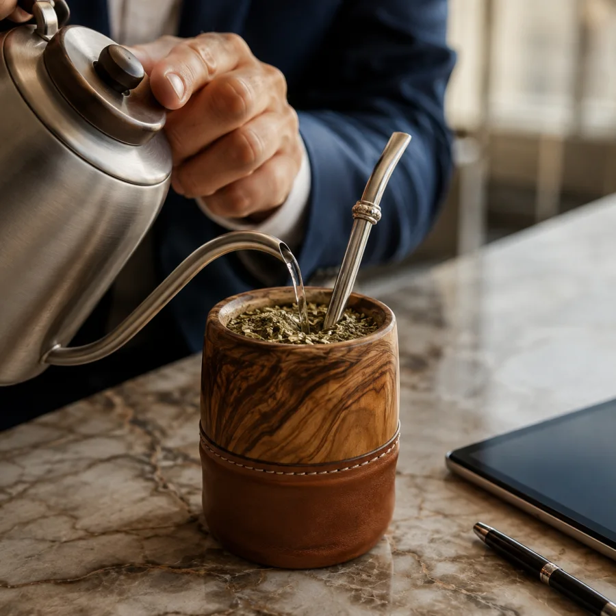 Mãos servindo água a temperatura precisa em um mate de pau-santo sobre uma mesa executiva em Buenos Aires.