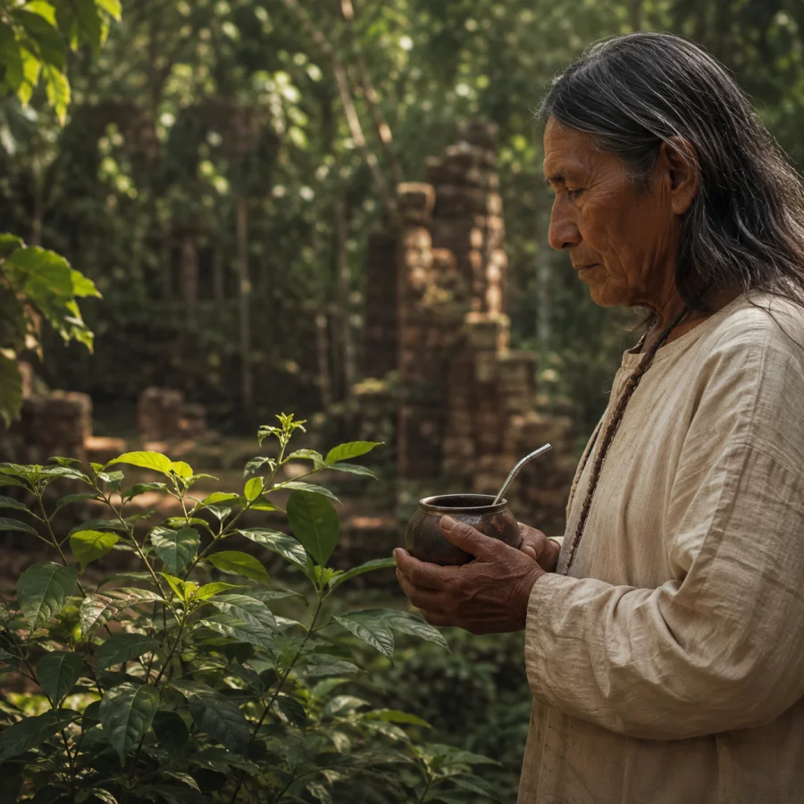 Representação de um ancião Mbyá Guarani segurando um mate rústico na selva, origem histórica.