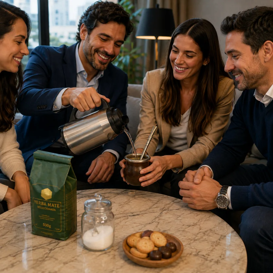 Quatro profissionais compartilhando uma roda de chimarrão em um ambiente elegante de Buenos Aires. Uma pessoa serve água quente de uma garra