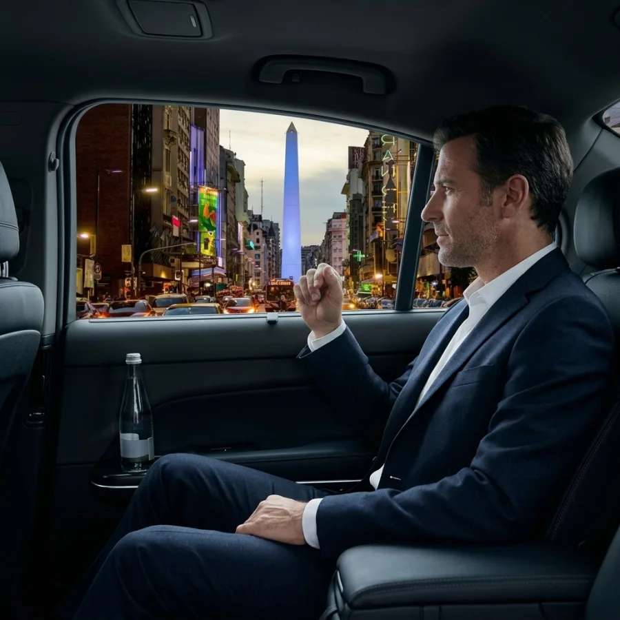 Business passenger traveling in a private transfer entering Buenos Aires.
