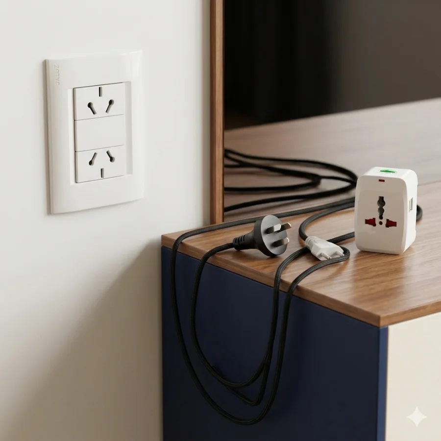 Toma de pared Tipo I y enchufes utilizados en la red eléctrica de Argentina.