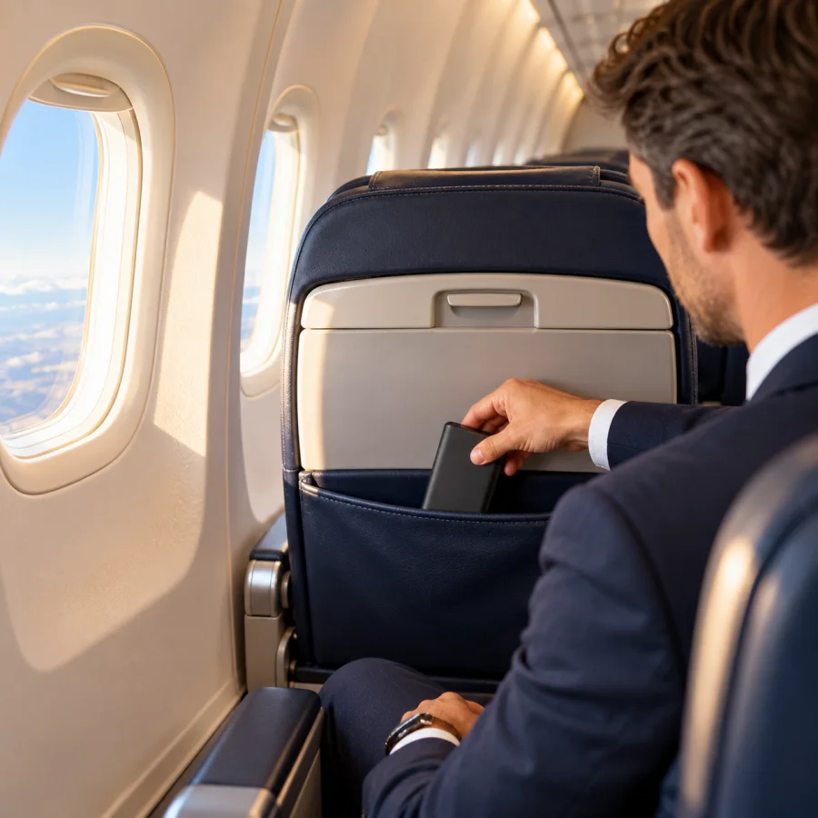 Passageiro de avião guardando sua bateria externa no bolso do assento dianteiro.