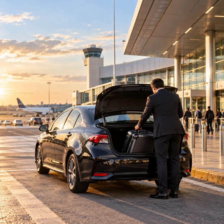 Motorista executivo de terno tirando bagagem de um sedã preto em um aeroporto.