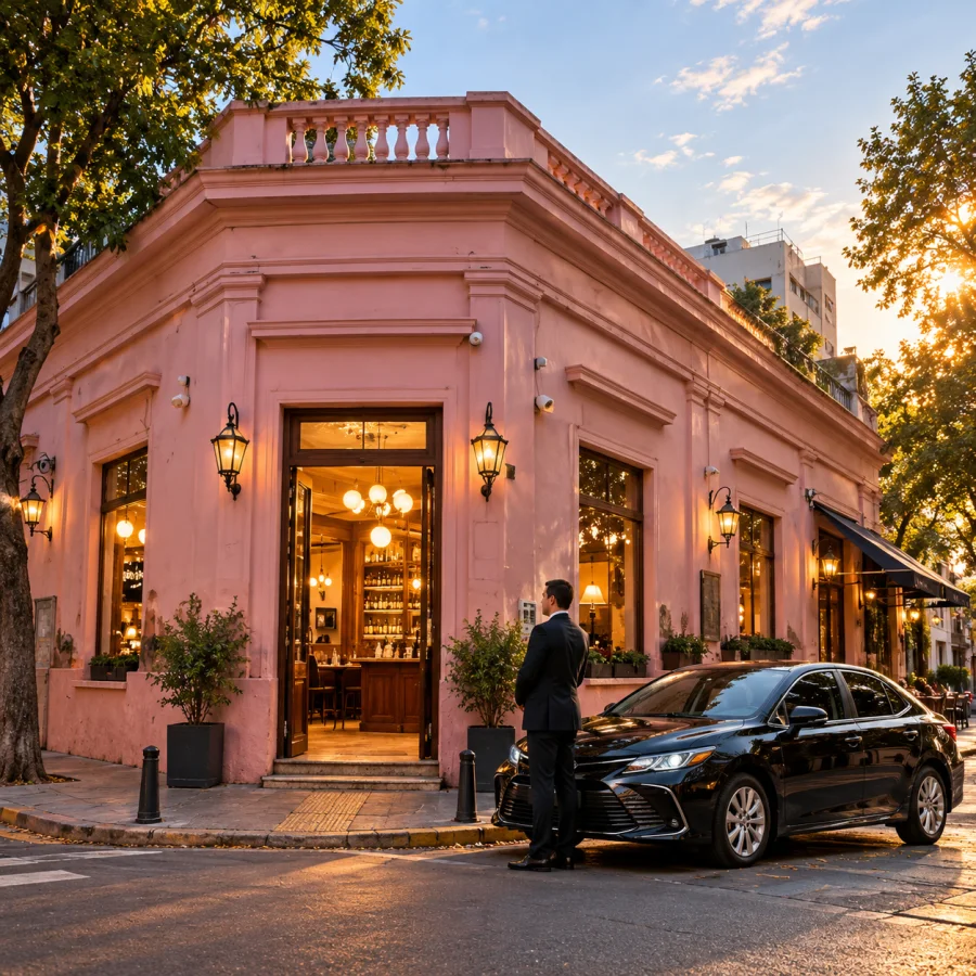Fachada de esquina rosa do El Preferido de Palermo com um carro executivo.
