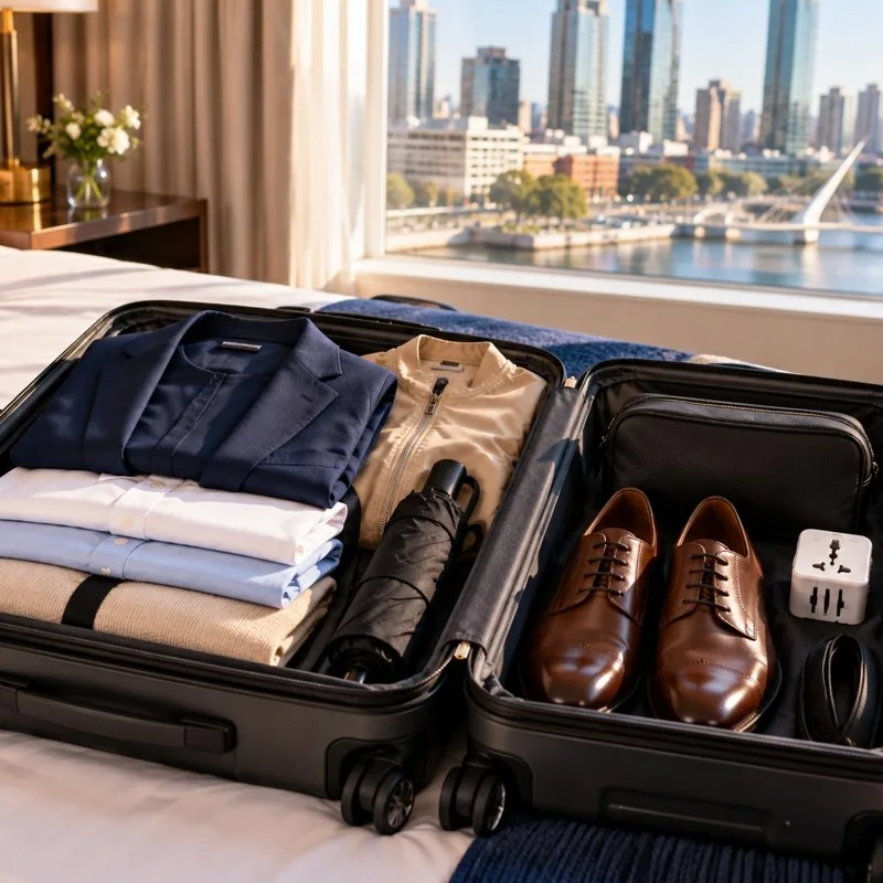 Open suitcase on a hotel bed overlooking Puerto Madero, with a blazer, shirts, a sweater, dress shoes, a folding umbrella and a plug adapter