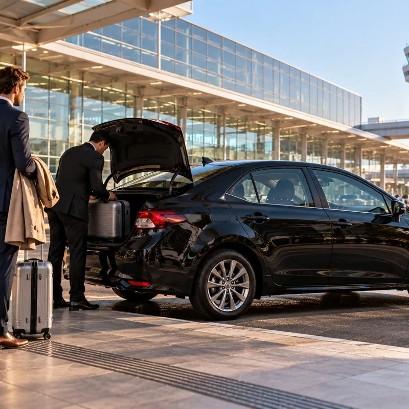 Driver in a suit loads a suitcase into the trunk of a black sedan parked at the curb of the Ezeiza terminal while the passenger waits.